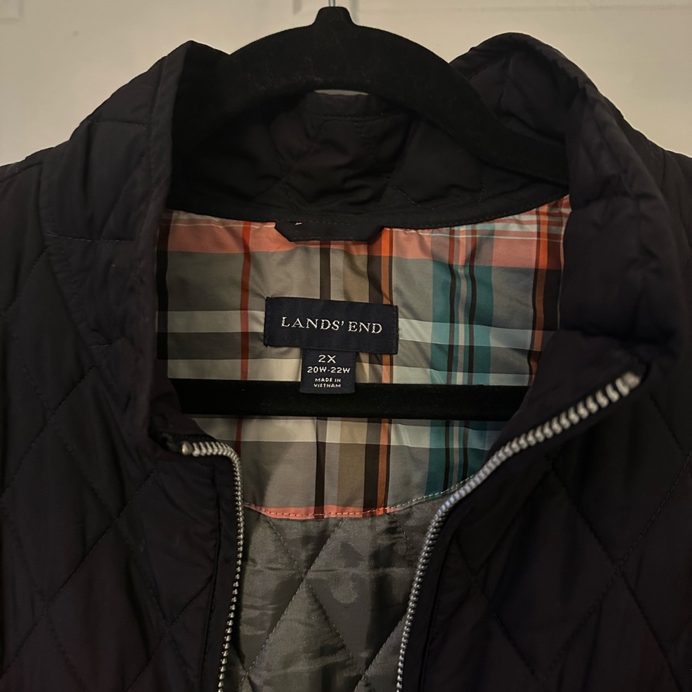 Lands' End Navy Blue Quilted Jacket with Plaid Lining